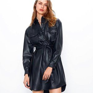 ZARA Faux Leather Button Down Shirt Dress with Tie, Black - XXL